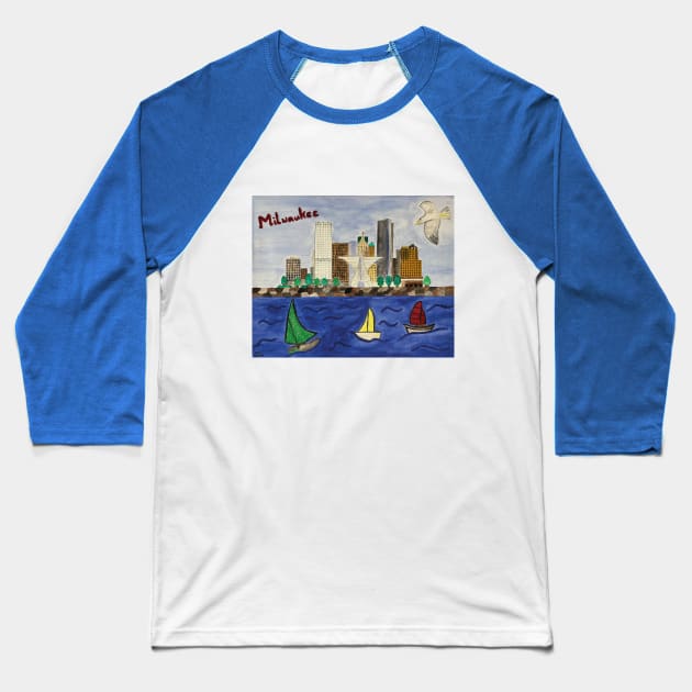 Milwaukee Skyline with Sailing Boats Baseball T-Shirt by Anke Wonder 